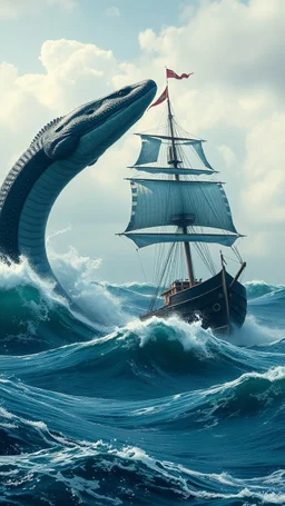 A giant Anaconda attacking a bigger than a sailing ship in the ocean among the wave