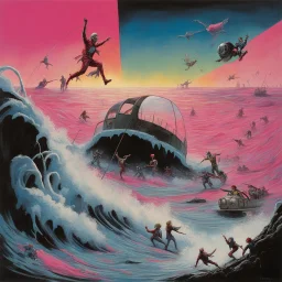 wave after wave of demented avengers march cheerfully out of obscurity into the dream, terminal shock || Horror Pink Floyd tribute, surreal, dramatic, depth of field, by Michael Whelan and Gerald Scarfe and Squeak Carnwath, violent colors, sharp focus, glorious grotesque landscape