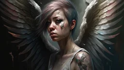 Punk, Angel, pregnant, portrait, old canvas, torn cracks, mystical, fine rendering, high detail, 8K