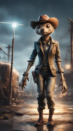 book cover illustration, fallout 4 docks setting, horror weird cowboy beaver alien walking on stilts in female garments, getting hit by lightening electric arc, with big disturbed eyes,bokeh like f/0.8, tilt-shift lens 8k, high detail, smooth render, down-light, unreal engine, prize winning