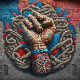 A knotted fist made with different designs from the revolution of different countries. Art - Tradition - Revolution - Dictator - Mural - Freedom - People 4k, full details, high resolution