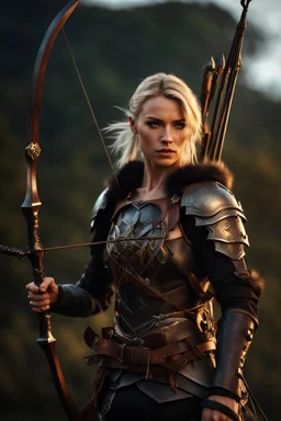 blonde female hunter with a bow wearing leather half armour dark fantasy Realistic 4k