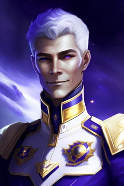 galactic man white grey short haired deep purple eyes smile emperor of sky command of vessel blue gold uniform