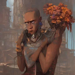 an abstract painting of rusted metal and flowers, african portrait, rust, scaffolding, iron cladding, decay, mixed media, textured, anatomically correct, beautiful perfect face, sharp focus, highly detailed,new york slums, apartment building ,rundown, realistic, unity engine, bloom,cinematic lighting,blue tone, octane render,