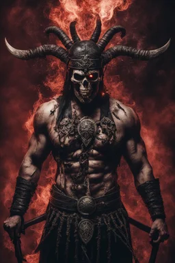 an insane warrior with his chest made of bones and eyes made of smoke. dark horror setting. terrifying horror backgrund. blood, guts, gore.