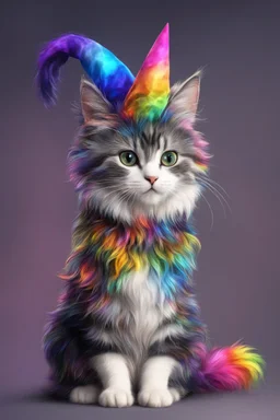 a cute character rainbow cat, has black fluffy hair with a rainbow pattern, the cat is a sorceress, has a magical witch hat on head, which looks photorealistic, celebrating new year , happy