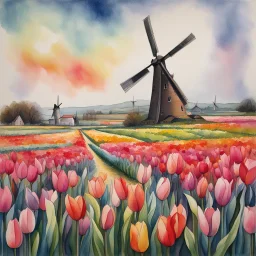 Dutch windmill in a field of blooming tulips, impressionism, watercolor and ink painting, color divisionism of rows of flowers, dramatic and colorful, expansive, depiction of light in in its changing qualities, complex contrast, dynamic composition, repoussoir