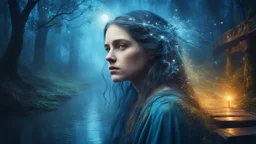 Old canvas, Portrait of a Medieval beautiful sad woman 20 years old, double exposure, fantasy, mystic, night, fog, blue, flowing hair, forest, bridge, water, sparkles, fireflies, fine rendering, bright colors, high resolution, 3D, clear lines , photorealism,