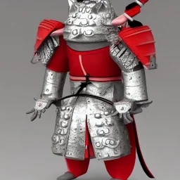 Chat, Modélisme trois dimensions, anthropomorphique, habillé comme un samurai, armure très détaillée, argent, rouge sang, réalisme