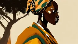 Design, African woman, oil painting, featureless, graphic, drawing without facial features, background, sky, trees, traditional clothes, look to left
