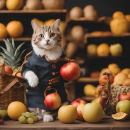 cute female cat wearing clothes. cat with a bag in hand, walking in fruits stor. grocery. Standing up. Cat wearing clothes. photographic. cinema