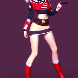 female soldier wearing miniskirt, wearing thighhighs, bare thighs, pretty face, red lips, pigtails hairstyle, full body shot, zoomed out, trending on artstation