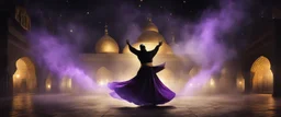 Hyper Realistic photographic-view of a Sufi Whirling with Golden & Purple Islamic Sufi Rustic Grungy-Black Background with thick-fog at dark-night outside an ancient Islamic architectural building with golden-sparkles-whirling showing dramatic & cinematic ambiance.