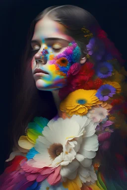 Unreal portrait of a girl whose half of the body is made of flowers of the color of the rainbow