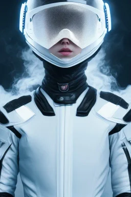 All Black racing suit AnnaSophia Robb, portrait, ghost mask, wearing high tech racing helmet, white smoke, dark, rage, sorrow, high definition, ultra 8 k, volumetric lighting, blue fire, fog