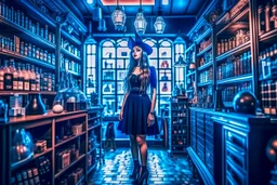 full-height shot of a young witch in a tight black short skirt, inside a large magic shop, shelving, bottles, windows