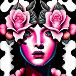 A detailed high quality surreal painting of a delicate, shimmering single pink, personified rose, with a womans face a small pretty face in its petals, two eyes, pouting lips, delictae nose, background is a blurred black and white hypnotic pattern, very mod, 1960s inspired art, psychedelic, highly detailed conceptual art, mixed media collage, dark fantastical, hypnotic atmosphere, fine lines, dali-esc, beautiful and natural, strange art, optical illusion