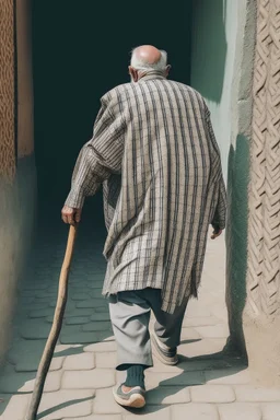 An old man wearing an Arabic keffiyeh, his back bent, walking barefoot, holding his cane upside down, looking back and holding his shoe in his hand.