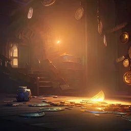 dynamic lighting, Intricately detailed, Splash screen art, deep color, Unreal Engine, volumetric lighting, silver coins, pile of coins, pirate treasure, stacked coins, indoors,