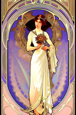 in the style of Alphonse Mucha’s Art nouveau, finely drawn 1920s woman with pale pastel colors