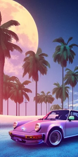 1980's aesthetic artwork vaporwave palm trees with moon with porsche in the winter snow with lightning