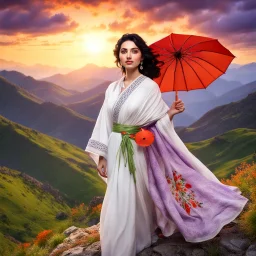 Hyper Realistic Beautiful Young Happy Pashto Woman With Beautiful-Green-Eyes-&-Black-Hair-&-A-Mole-on-Her-Face Wearing White-Frock & Purple-Shawl-With-Orange-Embroidery Carrying An Red Umbrella On Mountain-Top With Greenery & Breathtaking Cloudy Sunset Showing Dramatic & Cinematic Ambiance