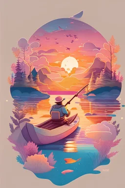 (a man fishing in kayak in a river with a sunset background back view and a fish jumping),t shirt design, in the style of Studio Ghibli, smiling,charming,pastel tetradic colours, 3D vector art, cute and quirky, fantasy art, watercolor effect, bokeh, Adobe Illustrator, hand-drawn, digital painting, low-poly, soft lighting, bird's-eye view, isometric style, retro aesthetic, focused on the character, 4K resolution, photorealistic rendering, using Cinema 4D