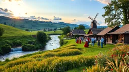 group of people are dancing in a national celebration in a village over high grassy hills,a small fall and river and wild flowers at river sides, trees houses ,next to Ripe wheat ready for harvest farm,windmill ,a few village local shops .people are dancing in a national celebration,cloudy sun set sky,a few village local shops