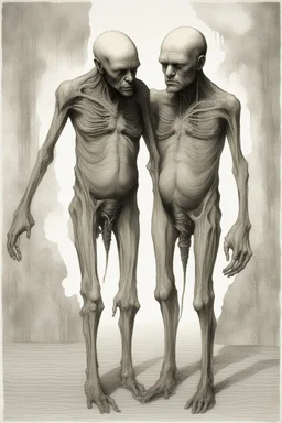 The full bodies of two fat old men , holding their heads on each other shoulders , front view camera, decayed and rotting with grotesque proportions and imagery. surreal horror, biomechanical design, by hr giger and beksinski , fine lines draw