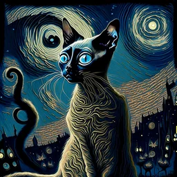 Starry night and Siamese cat, digital painting, fantasy, illustration, hyperdetailed, high definition, crisp quality, horror, dark, surreal, Weird, Tim Burton, creepy, Graphic novel, maximalist, Dr. Seuss, haunting, bizarre, frightening, Terry Gilliam, vintage, illustration