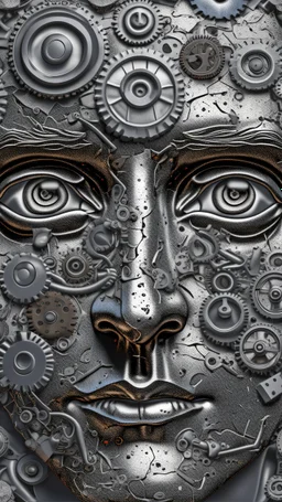 Bosch style painting , A balled face in details . The texture of the face is a collage of many 3D gray metallic clock gears and screws covering the whole face and the eyes are covered by caves figures