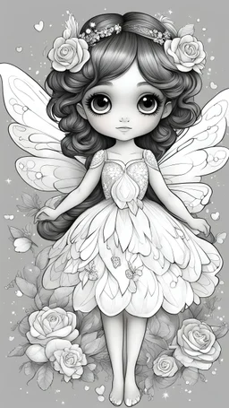 black and white, coloring drawing, for kids, line art, ((white background,)) beautiful cute fairy with cute hair and eyes, wings, rose petals, crystals and diamond dress, sparkles and flowers and butterflies background