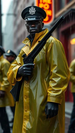 retro nypd full body color 1920 blackmen policeman wtih heavy yellow rain transparent coat with thompson riffle