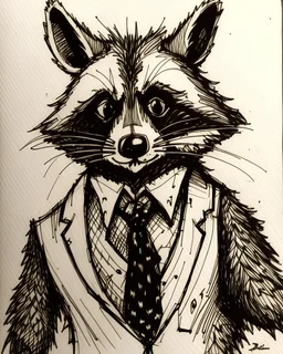 scamp of a raccoon in a suit and tie, pen and ink drawing, emphasize emotion over realism, Walt Disney style, vintage