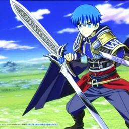 fire emblem, anime, screenshot, ova, 90s anime, marth, boy, blue hair, prince, sword, fantasy setting, fire emblem marth, fullbody, with background