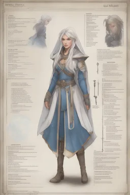 Dnd character sheet, full body. A female Aaismar twilight cleric with white hair and blue eyes, wearing gray robes. Etreal, beautiful