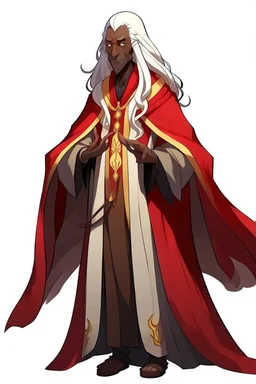 guy animation character with long white hair, Dark skin, yellow eyes, horns, dressed in a red priest's robe