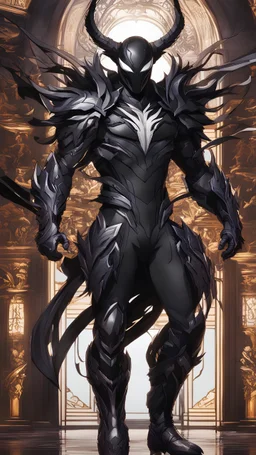 Rainhard suit mix with venom symbiote in solo leveling shadow artstyle, rainhard armor, demon lord them, intricate details, highly detailed, high details