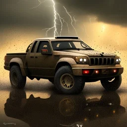 hyperrealistic shot, off-road truck, speeding, earth color palette, sharp focus, puddle reflection, tire water splash, refraction, rain and lightning on the horizon, shadowcast, detailed and intricate, cinematic composition, tilt shift photography