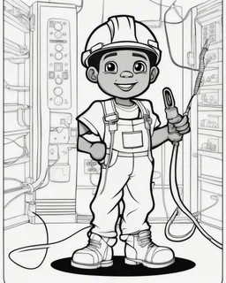 coloring page, depicting a black boy as a Electrician, full body, outline, black and white, highly defined, well defined, white background, empty background, cartoon style, coloring book style