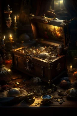 Bosch nightmares painting style treasure pirates box of jewelry ,intricate insanely , ,candles with flames in the middle ,detailed octane render trending on artstation, 8k artistic photography, photorealistic concept art, soft natural volumetric cinematic perfect light, chiaroscuro, award-winning photograph, masterpiece, oil on canvas, Raphael, Caravaggio, Greg Rutkowski, people, beksinski, Giger