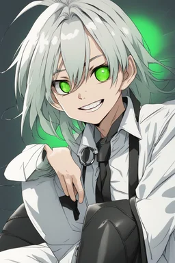 plauge doctor in balck leather clothes with silver hair, pale skin and bright green eyes smiling with sharp teeth, nice young face