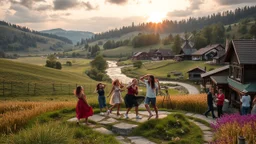 a group of young people are dancing to camera in village center squre over high grassy hills,a small fall and river and wild flowers at river sides, trees houses ,next to Ripe wheat ready for harvest farm,windmill ,some people standing looking the dancers,a few village local shops ,cloudy sun set sky