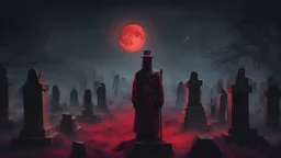 A cemetery guard from ancient times, on a black night, brings the dead out of the graves under the red moon