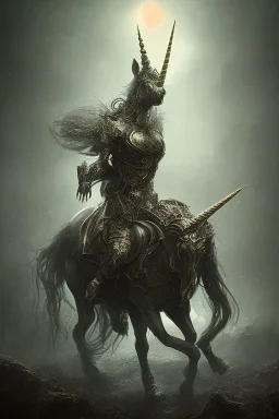 unicorn , dystopian surrealism, dark horror fantasy, hdr, demonic, dark art