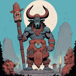 [mexican comics Head Lopper style by Andrew MacLean] Borak, a towering tauren chieftain, wields an ancient totem pole with sacred carvings. Surrounded by spiritual energy, he calls upon the power of the Earth Mother to protect his people.