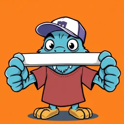 cartoon monster wearing a ballcap and T-shirt holding an directional arrow overhead with both hands, on solid color background
