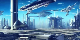 Spaceport on a heavy industrialized planet with futuristic high rise buildings with glass facades in the background and spaceship taking off in the foreground, art by John Berkey, brutalist architecture, insanely detailed, vibrant, 8k uhd, blue sky with clouds, cinematic atmosphere, ultra-wide angle, street level view, brush strokes, sharp focus