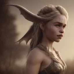 only perfect emilia clarke, wearing a dragon skull mask. fly hair, viking, village, highly realistic, highly detailed, viking clothes, mist around, smoke