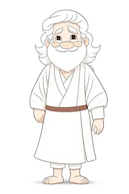 Disney style, white hair, white skin, white beard, coloring book, minimalism, simple lines, white background, STICKER, WHOLE BODY, A CUTE JESUS CHRIST, WAVY HAIR, BEARD, COVERING THE WHOLE BODY WHITE LONG TUNIC, LIGHT DOWN, HAPPY face , A detailed illustration, in the style of Studio Ghibli, 3D vector art, cute and quirky, fantasy art, Adobe Illustrator, hand-drawn, low-